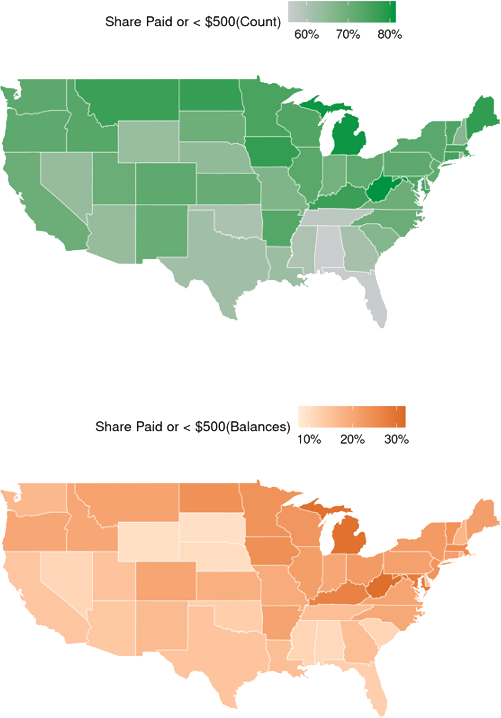 1: A map of the United States with each state shaded to reflect the share of medical collection tradelines in each state that are likely to be removed in 2022 and 2023. Shares range from about 55 percent to over 80 percent, with the highest shares in West Virginia, Michigan and Maine. 2: A map of the United States with each state shaded to reflect the share of medical collection balances in each state that are likely to be removed in 2022 and 2023. Shares range from less than 10 percent to over 30 percent, with the highest shares in West Virginia, Michigan and Maryland.